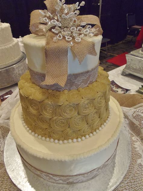 Rustic Wedding Cake With Burlap Lace And Pearls Buttercream Frosted