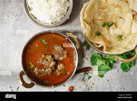 Goat Or Lamb Mutton Curry With Rice Nd Roti Indian Meal Concept Stock