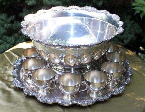 Antique Silver Punch Bowl 12 Cups And Ladles Huge Silver Etsy