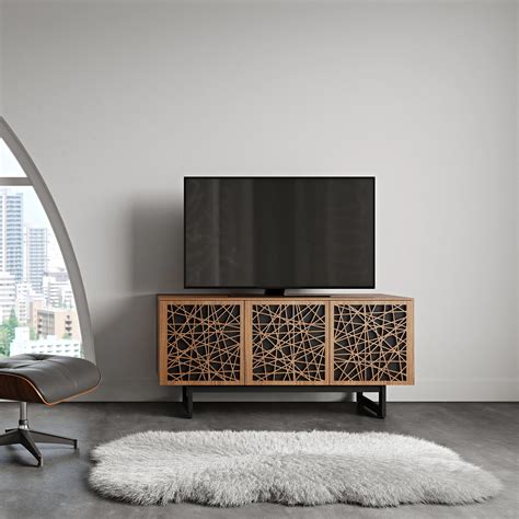 Designer Luxury Small Media Console With Laser Cut Carved Cabinet Faces