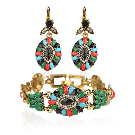2015 Luxury Turkey Jewelry Gold Bracelet For Women Colorful Resin Bohemian Wedding Jewelry Sets