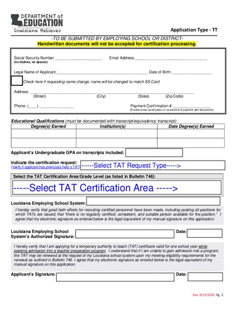 2022 2024 Form La Temporary Authority To Teach Tat Application