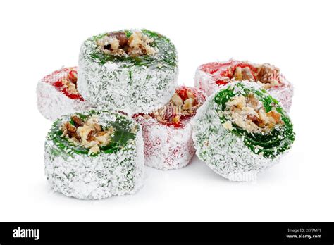 Green Turkish Delight With Nuts On Powdered Sugar Isolated On White