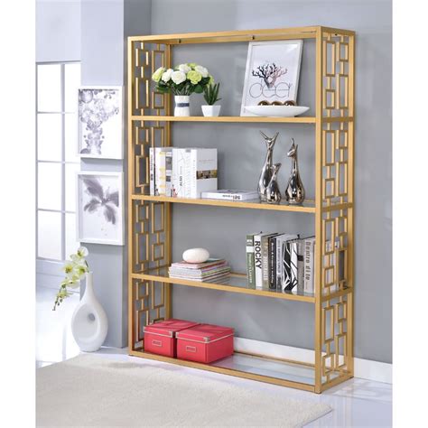 Glass And Metal Bookshelf With 5 Shelves Clear Glass And Gold Walmart