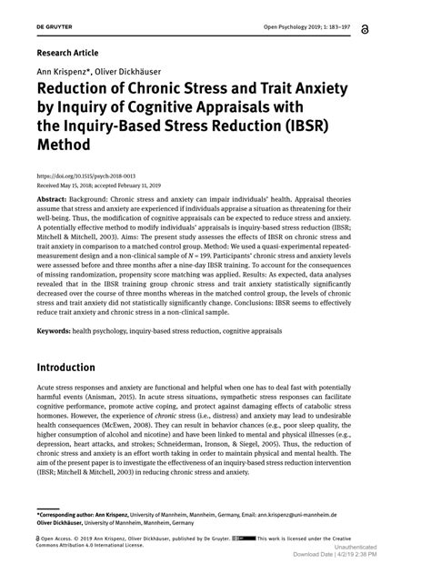 pdf reduction of chronic stress and trait anxiety by inquiry of