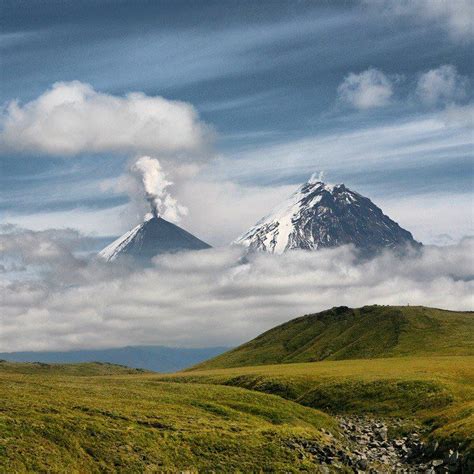 Volcanoes Klyuchevskaya Sopka And Kamen Kamchatka Peninsula Russia