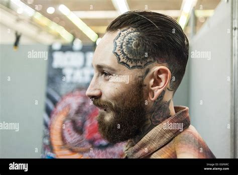 A Man With A Tattooed Head At The Brighton Tattoo Convention Stock