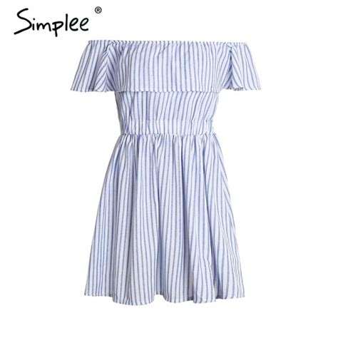Simplee Off Shoulder Ruffle Striped Summer Dress Casual Hollow Out Backless Short Dress Robe