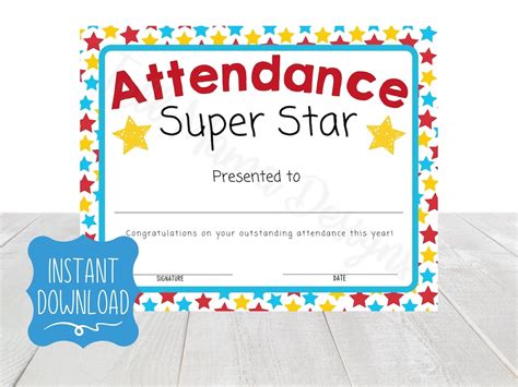 Attendance Award Certificate Printable Perfect Attendance Etsy