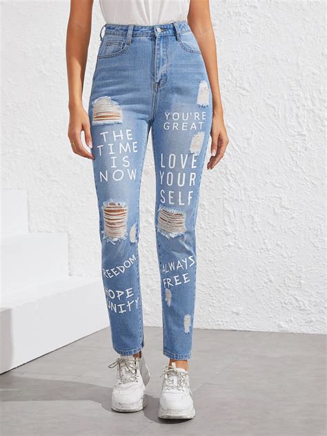 Es Esto Lo Nuevo De Jeans Rotos Con Estampado De Slogan Pantalones