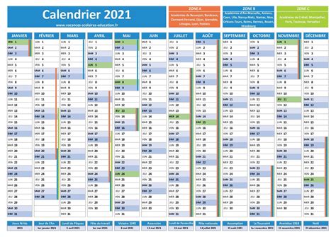 Calendrier 2021 Avec Vacances Scolaires Et Jours Fériés à Imprimer