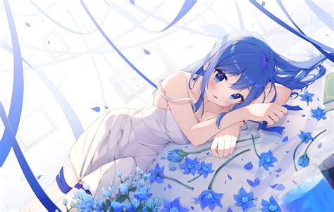 Blue Hair Long Hair Blue Eyes In Bed Anime Girls Flowers Dress