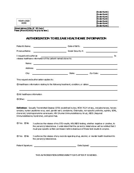 Printable Blank Authorization To Release Information Form
