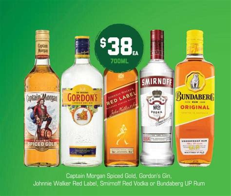 Captain Morgan Spiced Gold Gordon S Gin Johnnie Walker Red Label Smirnoff Red Vodka Or Bundaberg