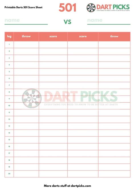 Printable Darts 501 Scoresheet