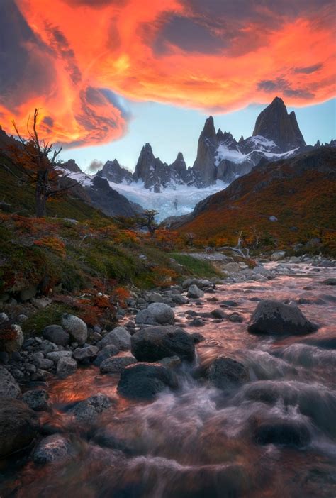 Blazing Sunset Over Mt Fitz Roy In Los Glaciares National Park
