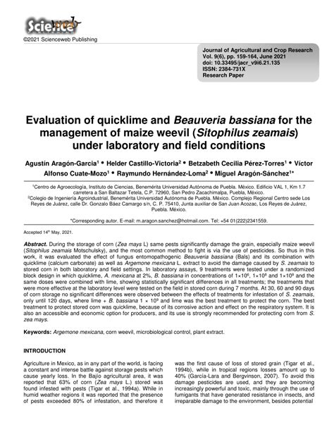 Pdf Evaluation Of Quicklime And Beauveria Bassiana For The Management Of Maize Weevil