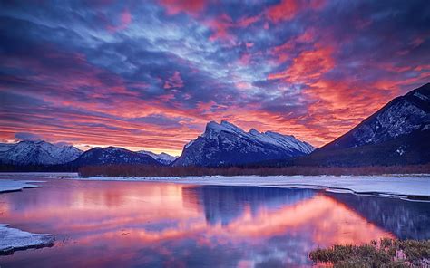Hd Wallpaper Winter Snow Lake Sky Clouds Sunset Glow Mountain
