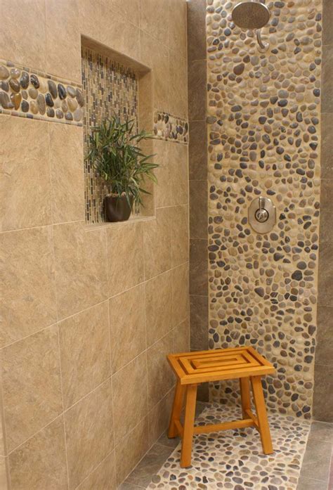 River Rock Shower With Pebble Waterfall And Trim Timber Trails