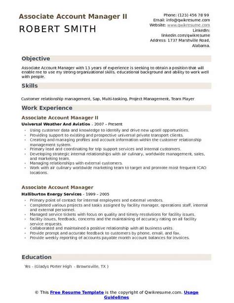 Do not label your resume header as cv or resume. Associate Account Manager Resume Samples | QwikResume