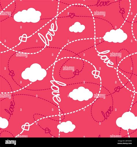 Vector Seamless Pattern With Love Words Hearts Tangled Lines And Clouds Repeating Abstract