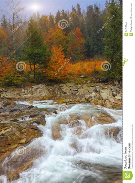 Mountain River In Autumn At Sunrise Stock Photo Image Of Green Dawn