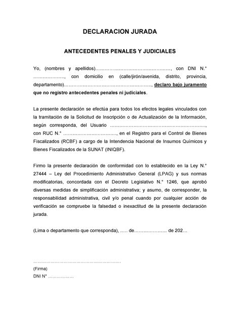 Modelo De Declaracion Jurada Antecedentes Penales Exemplo De Carta My