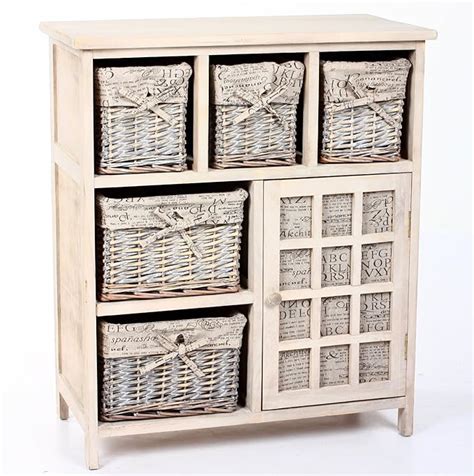Wooden Unit With 5 Wicker Basket Drawers With Removable Lining