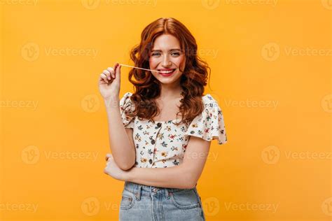 Girl With Red Lipstick Stretches Chewing Gum Portrait Of Naughty