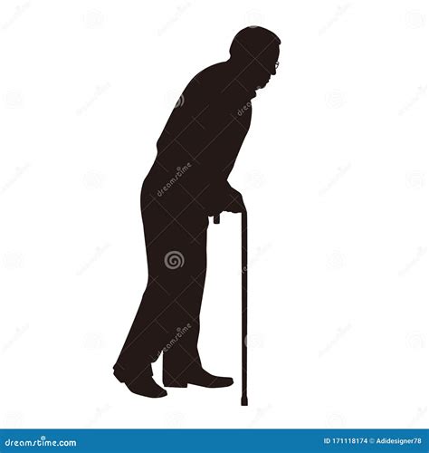 Old Man Using Cane Walking Stick Silhouette Stock Illustration