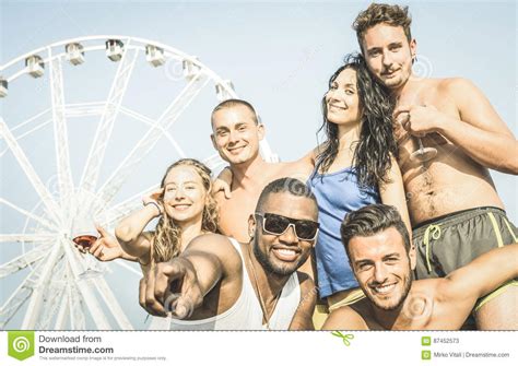 Group Of Multiracial Happy Friends Taking Selfie And Having Fun Stock Image Image Of Marseille