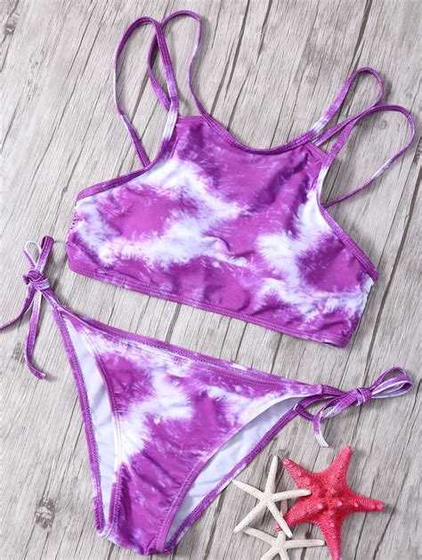 Printed High Neck Criss Back Bikini Set Blue Light Purple Bikinis