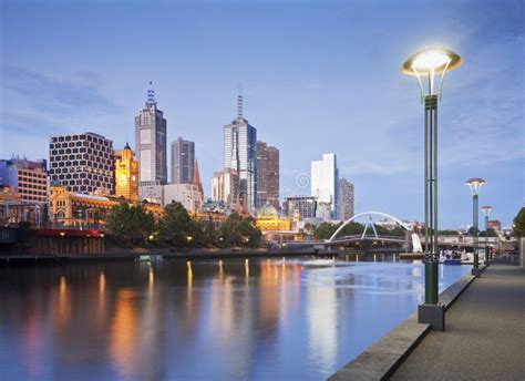 Melbourne Skyline And Yarra River Early Evening Illuminated Stock