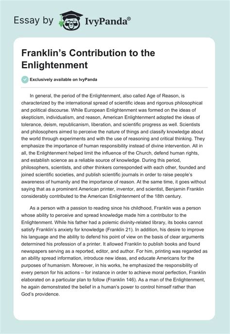 Franklins Contribution To The Enlightenment 607 Words Essay Example