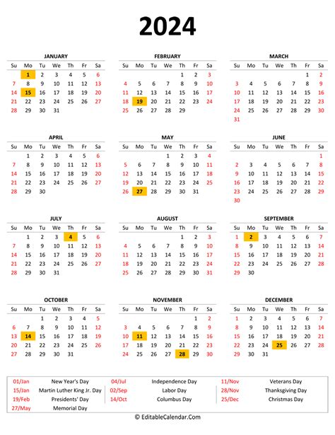 2024 Printable Calendar With Holidays 2024 Calendar 2024 Printable