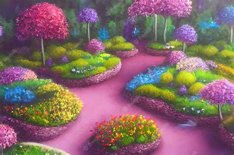 Premium Photo | Enchanted garden a magical garden with a path flowers