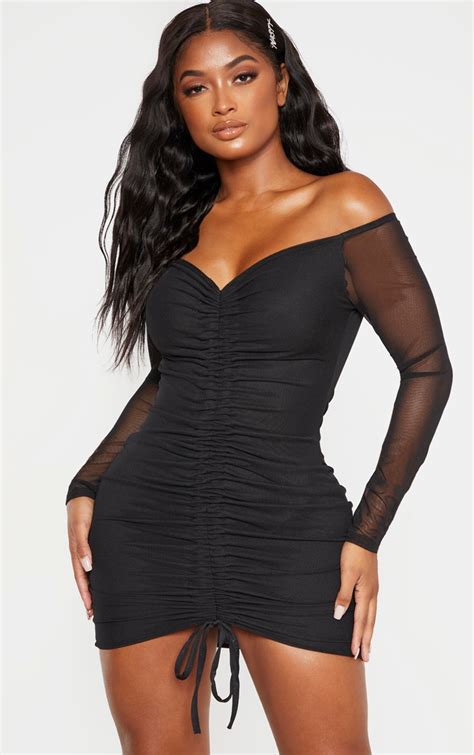 Shape Black Mesh Ruched Bardot Bodycon Dress Prettylittlething Ca