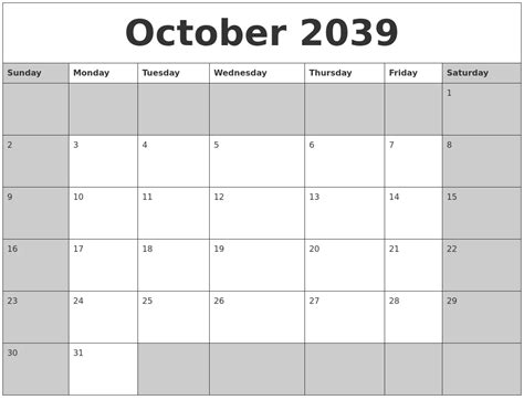 October 2039 Calanders