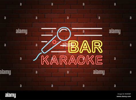 Glowing Neon Signboard Karaoke Bar Vector Illustration On Brick Wall