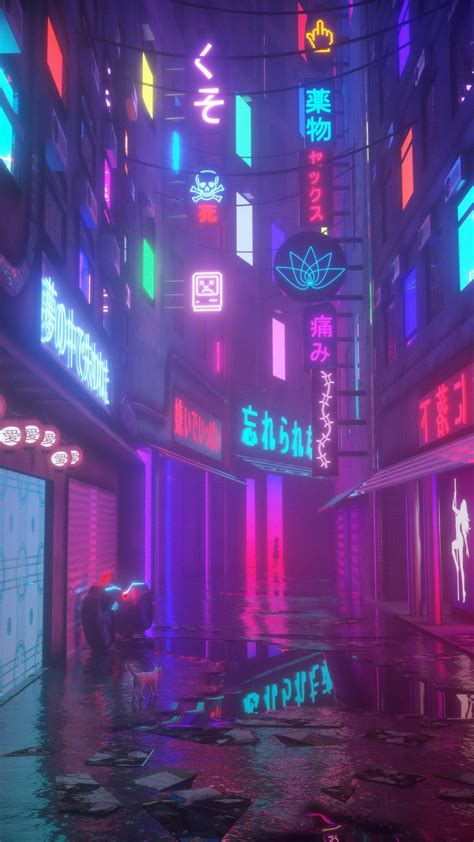 Download Aesthetic Anime Street With Neon Signs Phone Wallpaper