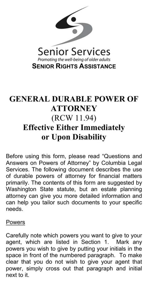 Download Washington General Durable Power Of Attorney Form For Free
