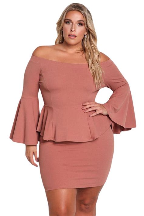 Dusty Pink Off The Shoulder Bell Sleeves Peplum Plus Dress Plus Size