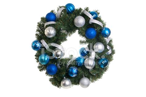 Christmas Wreath With Blue And Silver Ornaments Isolated Stock Photo