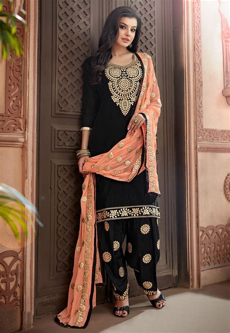 Embroidered Chanderi Silk Punjabi Suit In Black Kch1059