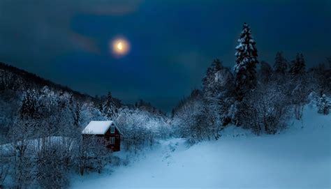 Wallpaper Night Winter Moon Snow House Cottage