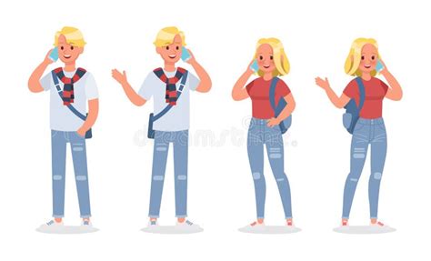 Vector Set Of Students Young Man And Young Woman Character Design No4