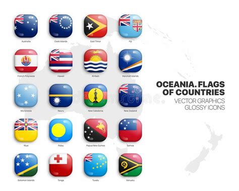 Oceania Countries Flags Vector 3d Glossy Icons Set Isolated On White