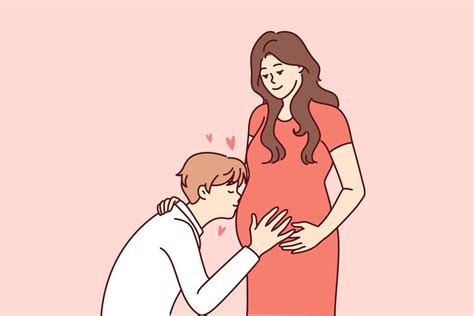 Happy Young Man Kiss Pregnant Woman Belly Excited About Parenthood