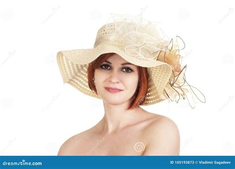 Emotional Portrait Of A Naked Girl And Hat On White Background Stock