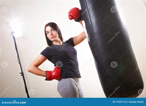 Brunette Boxing Girl In Gloves And Body Hitting Pear Stock Image Image Of Courage Confidence